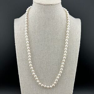 Costume White Faux Pearl Beaded Knotted Necklace Silver Tone Clasp 21"